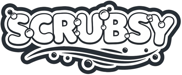 Black and white logo of 'SCRUBSY' on a white background